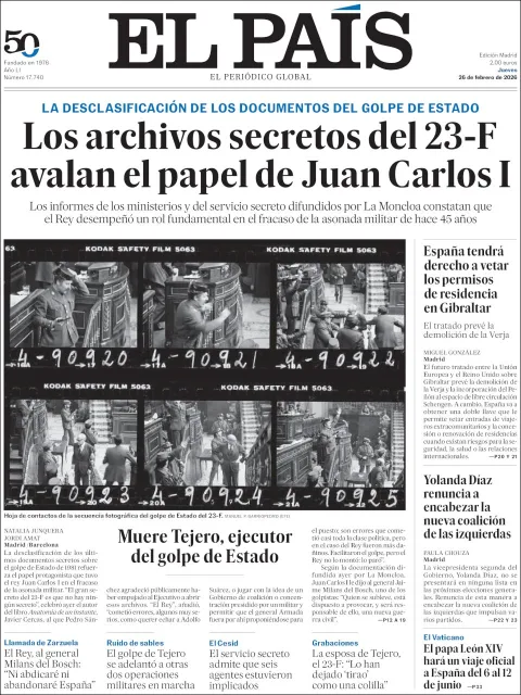 Portada de El Pais del jueves, 26 de febrero de 2026