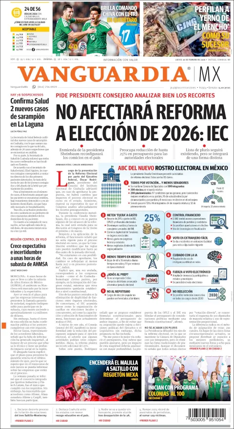 Portada de Vanguardia del jueves, 26 de febrero de 2026