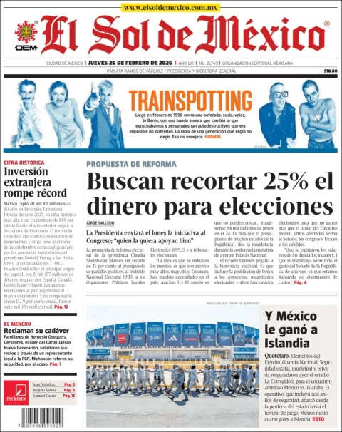 Portada de El Sol de Mexico del jueves, 26 de febrero de 2026