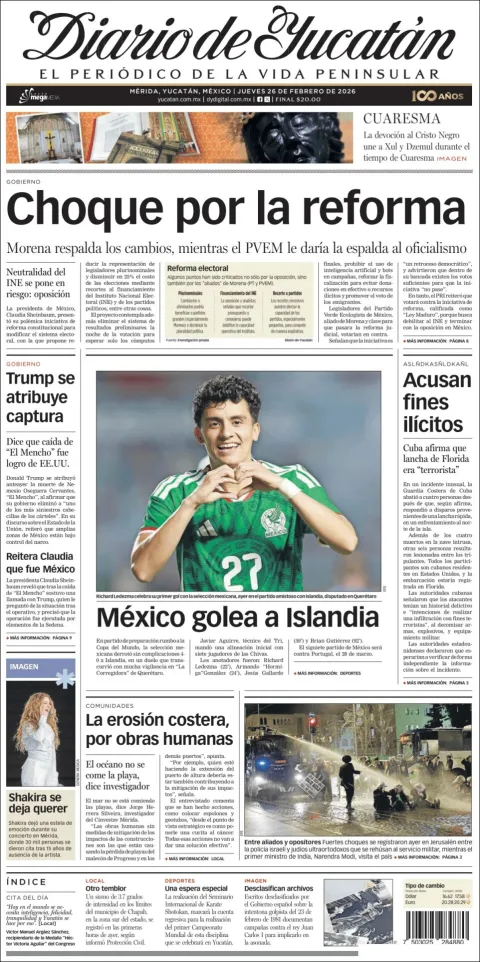 Portada de Diario de Yucatán del jueves, 26 de febrero de 2026
