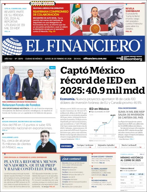 Portada de El Financiero del jueves, 26 de febrero de 2026