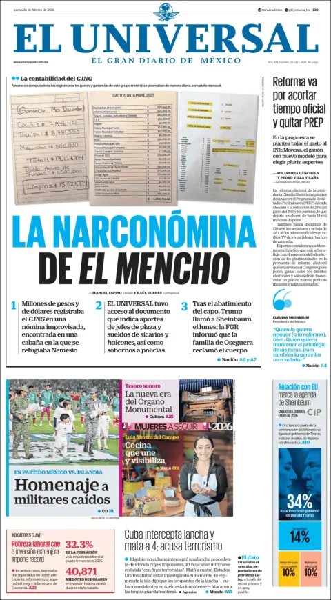 Portada de El Universal del jueves, 26 de febrero de 2026