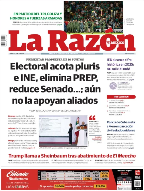 Portada de La Razon del jueves, 26 de febrero de 2026