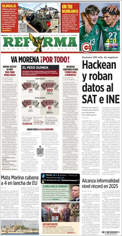 Portada de Reforma del jueves, 26 de febrero de 2026