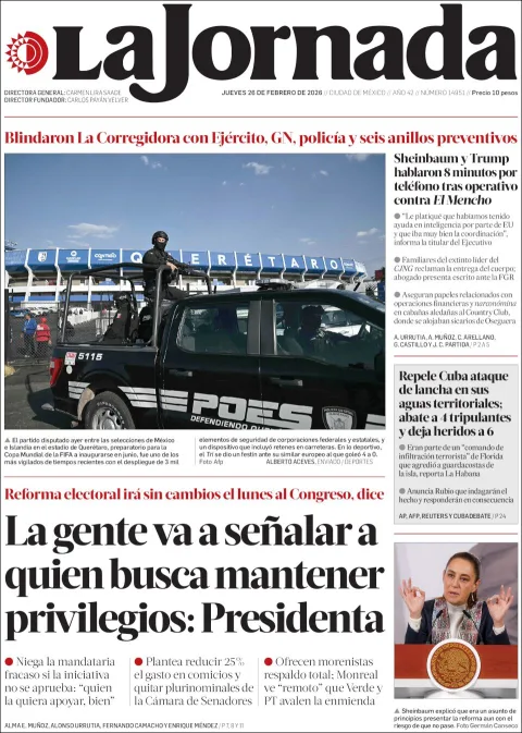 Portada de La Jornada del jueves, 26 de febrero de 2026