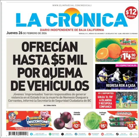 Portada de La Cronica del jueves, 26 de febrero de 2026