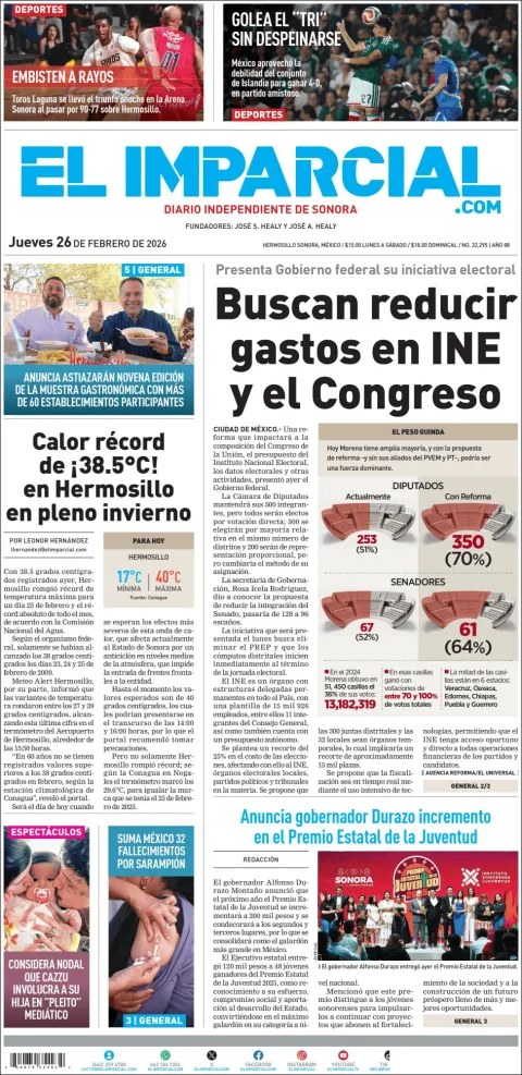 Portada de El Imparcial del jueves, 26 de febrero de 2026