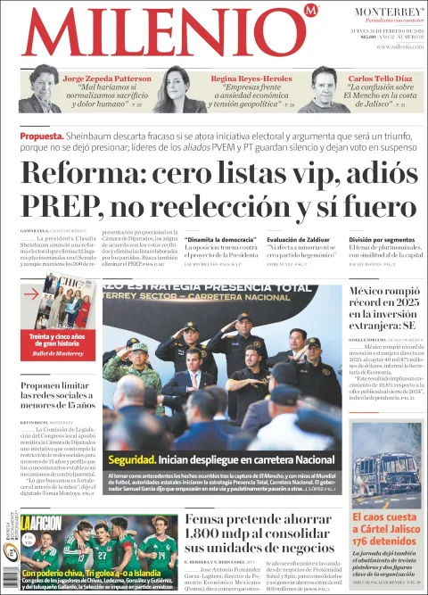 Portada de Milenio del jueves, 26 de febrero de 2026