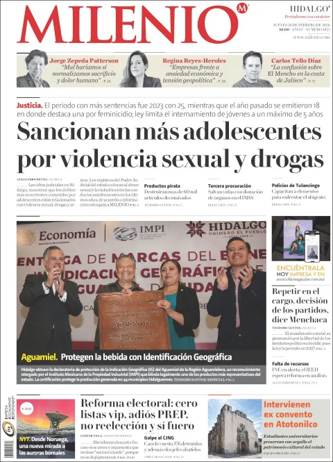 Portada de Milenio Hidalgo del jueves, 26 de febrero de 2026