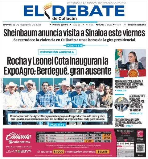 Portada de El Debate de Culiacan del jueves, 26 de febrero de 2026