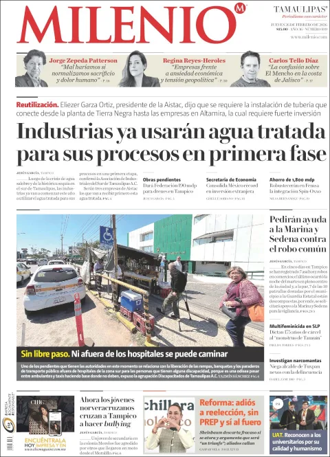 Portada de Milenio Tamaulipas del jueves, 26 de febrero de 2026