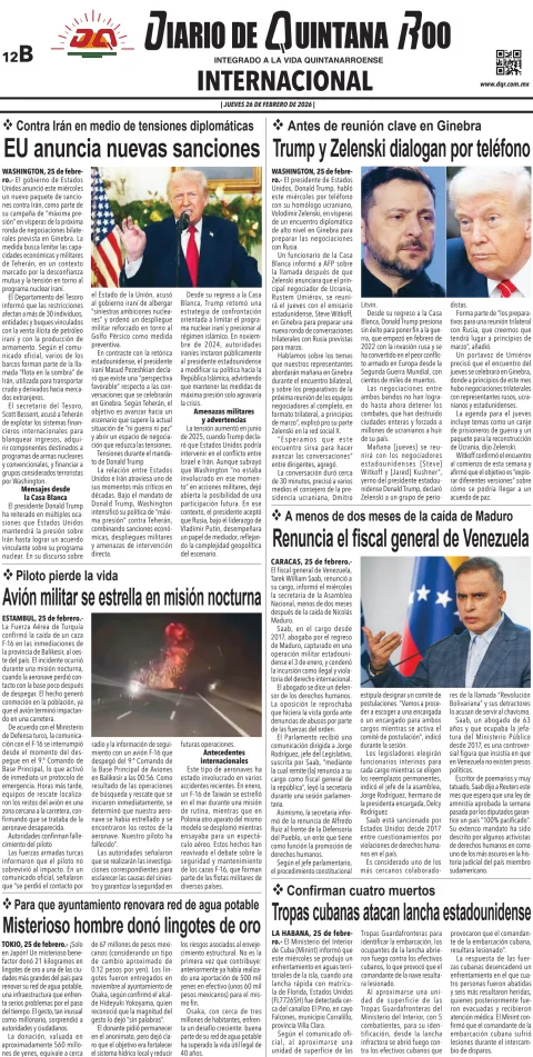Portada de Diario de Quintana Roo (contra Portada) del jueves, 26 de febrero de 2026