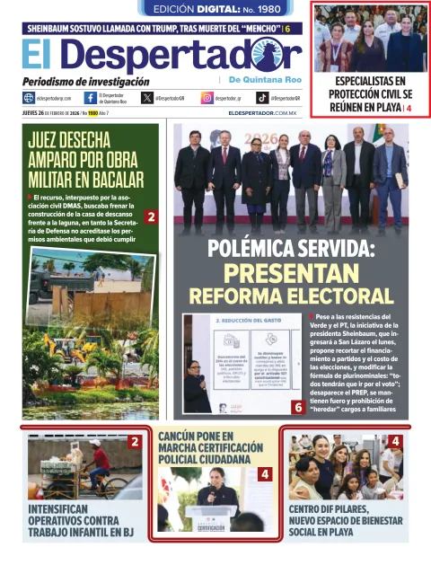 Portada de El Despertador de Quintana Roo del jueves, 26 de febrero de 2026
