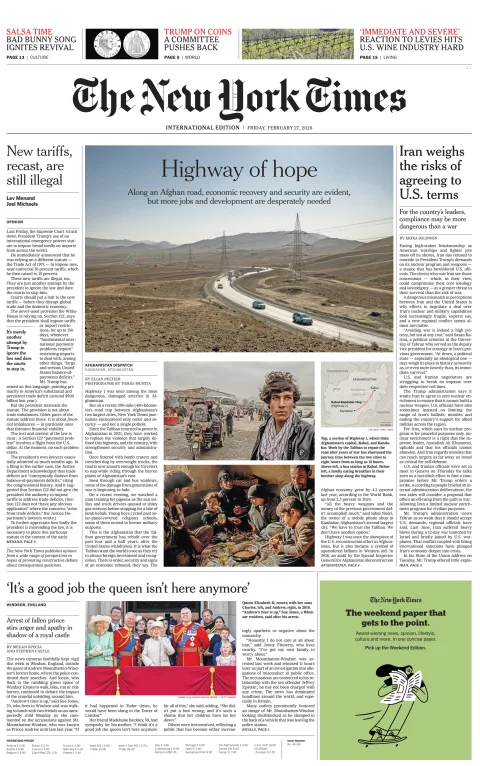 Portada de The New York Times (international) del viernes, 27 de febrero de 2026