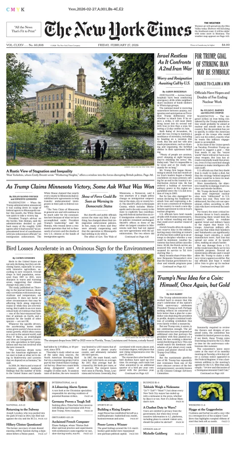Portada de The New York Times (national) del viernes, 27 de febrero de 2026