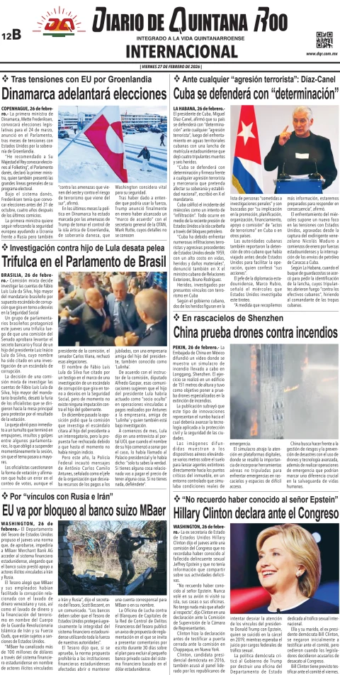 Portada de Diario de Quintana Roo (contra Portada) del viernes, 27 de febrero de 2026