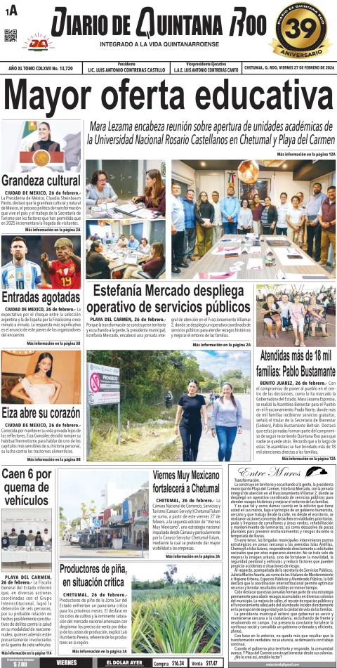 Portada de Diario de Quintana Roo (portada) del viernes, 27 de febrero de 2026