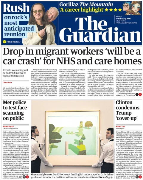Portada de The Guardian (reino Unido) del viernes, 27 de febrero de 2026