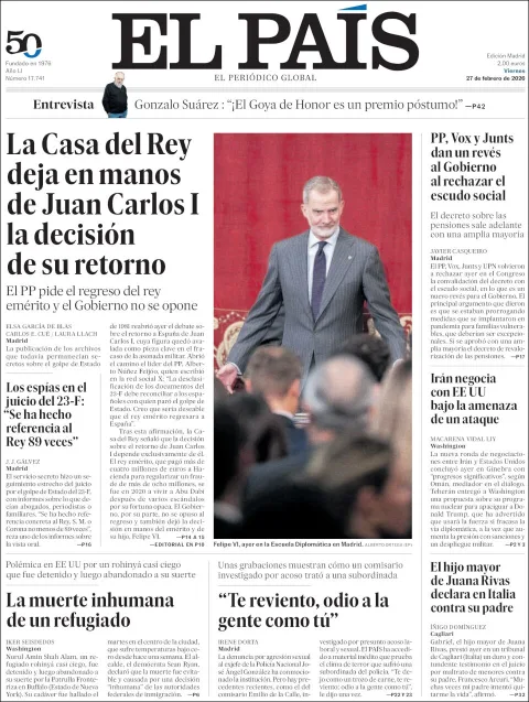Portada de El Pais del viernes, 27 de febrero de 2026