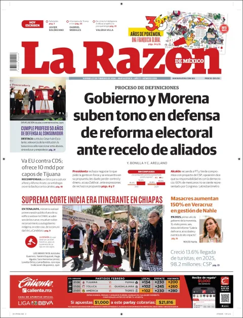 Portada de La Razon del viernes, 27 de febrero de 2026