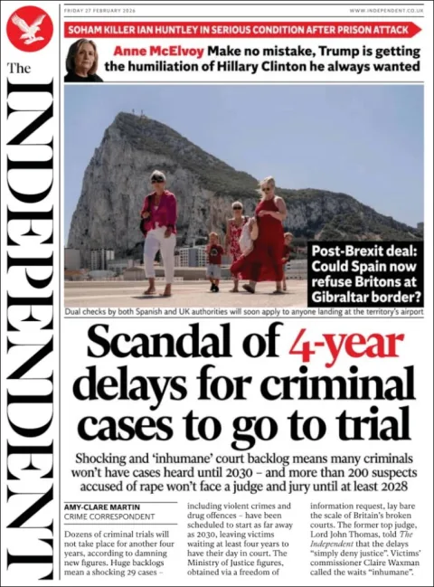 Portada de The Independent del viernes, 27 de febrero de 2026