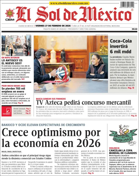 Portada de El Sol de Mexico del viernes, 27 de febrero de 2026