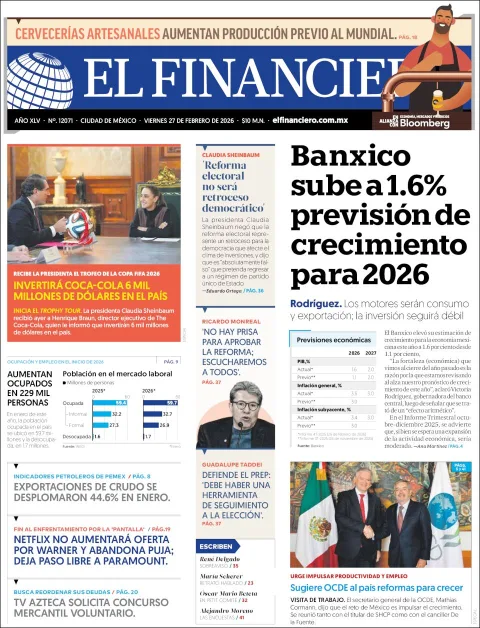Portada de El Financiero del viernes, 27 de febrero de 2026