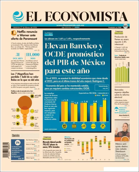 Portada de El Economista del viernes, 27 de febrero de 2026