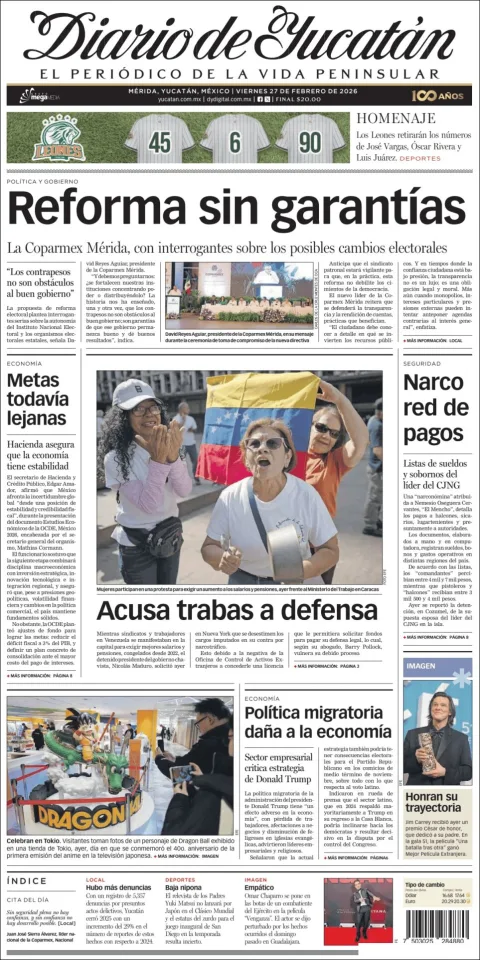 Portada de Diario de Yucatán del viernes, 27 de febrero de 2026