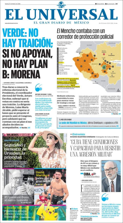 Portada de El Universal del viernes, 27 de febrero de 2026