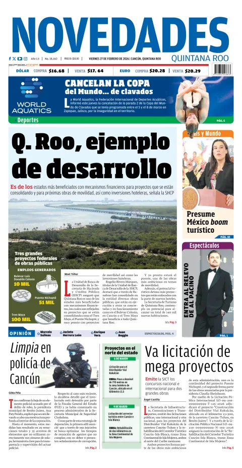 Portada de Novedades Quintana Roo del viernes, 27 de febrero de 2026