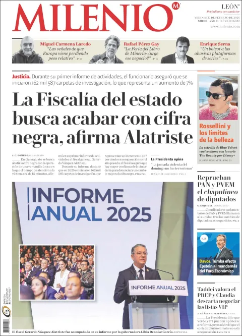 Portada de Milenio Leon del viernes, 27 de febrero de 2026