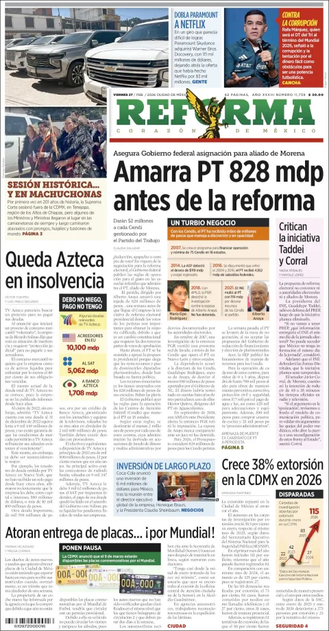 Portada de Reforma del viernes, 27 de febrero de 2026