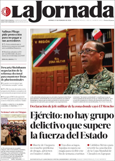 Portada de La Jornada del viernes, 27 de febrero de 2026