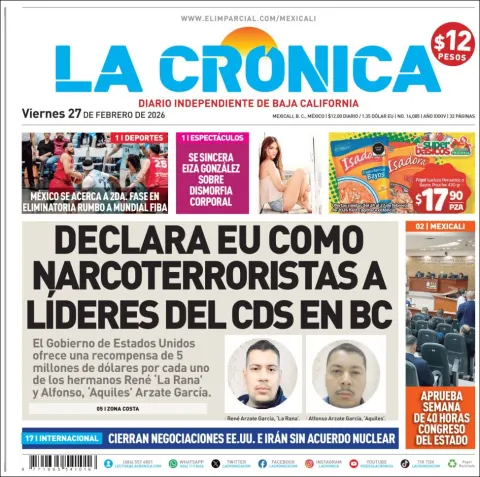 Portada de La Cronica del viernes, 27 de febrero de 2026