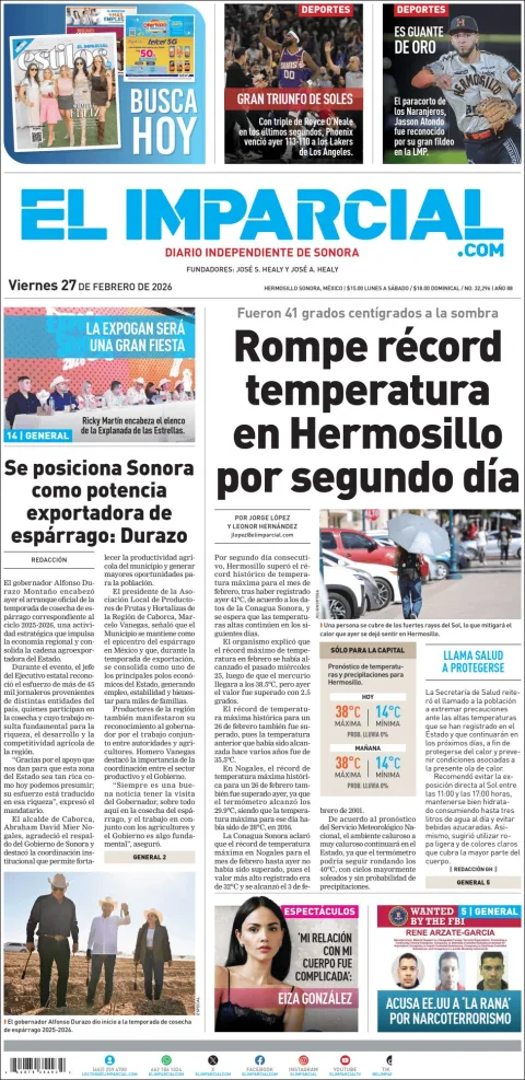 Portada de El Imparcial del viernes, 27 de febrero de 2026