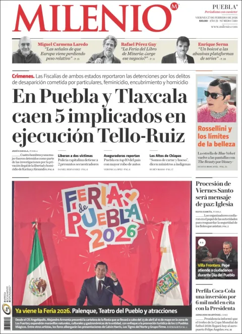 Portada de Milenio Puebla del viernes, 27 de febrero de 2026