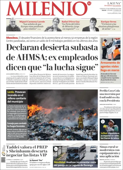 Portada de Milenio Laguna del viernes, 27 de febrero de 2026