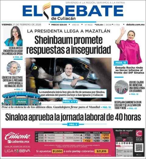 Portada de El Debate de Culiacan del viernes, 27 de febrero de 2026