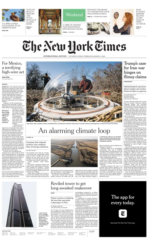 Portada de The New York Times (international) del sábado, 28 de febrero de 2026