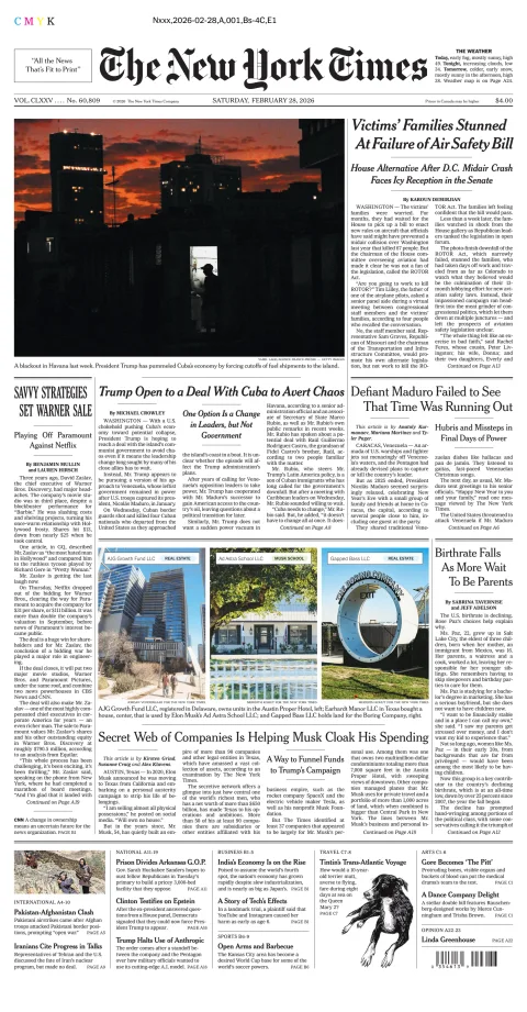 Portada de The New York Times (new York) del sábado, 28 de febrero de 2026
