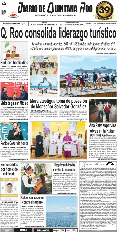 Portada de Diario de Quintana Roo (portada) del sábado, 28 de febrero de 2026