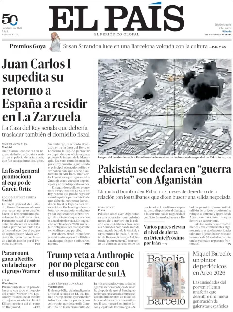 Portada de El Pais del sábado, 28 de febrero de 2026
