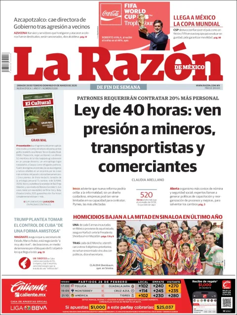 Portada de La Razon del sábado, 28 de febrero de 2026