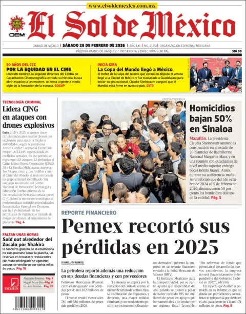 Portada de El Sol de Mexico del sábado, 28 de febrero de 2026