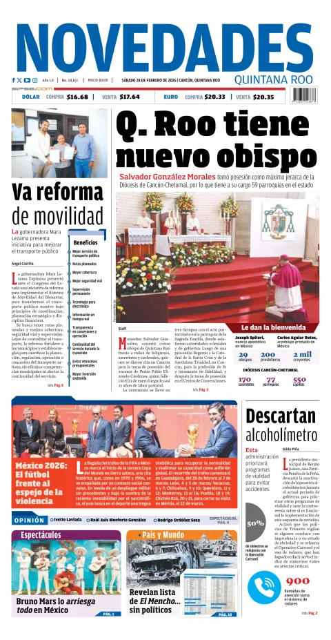 Portada de Novedades Quintana Roo del sábado, 28 de febrero de 2026