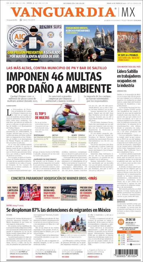 Portada de Vanguardia del sábado, 28 de febrero de 2026