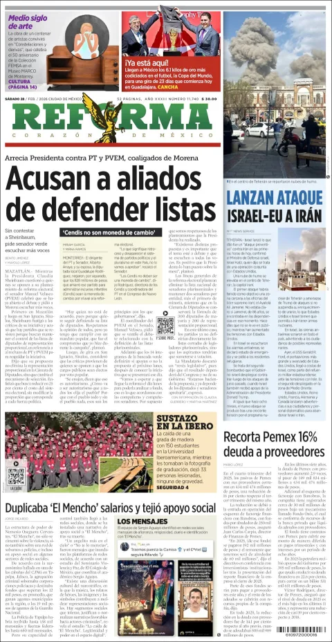 Portada de Reforma del sábado, 28 de febrero de 2026