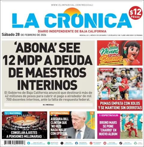 Portada de La Cronica del sábado, 28 de febrero de 2026