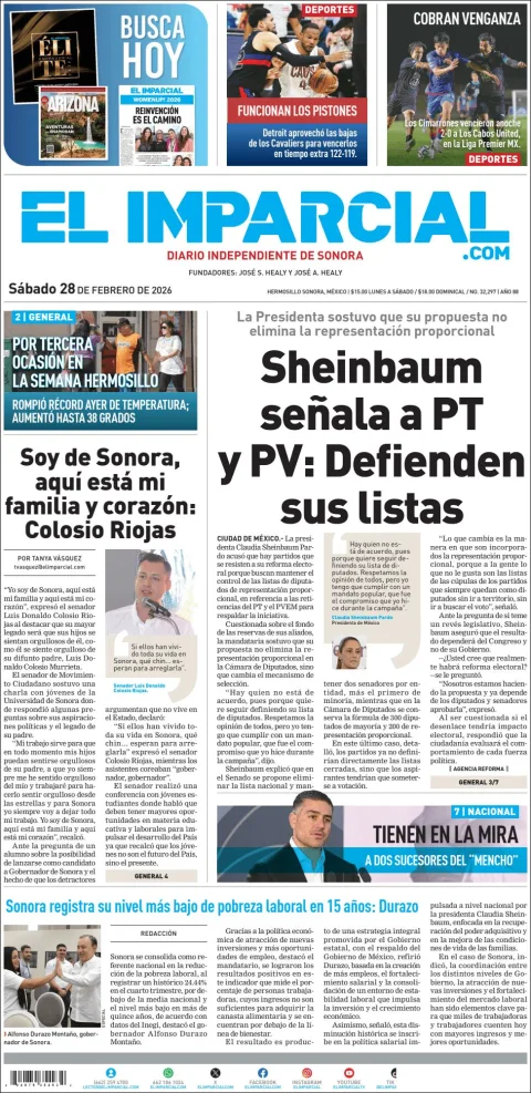 Portada de El Imparcial del sábado, 28 de febrero de 2026